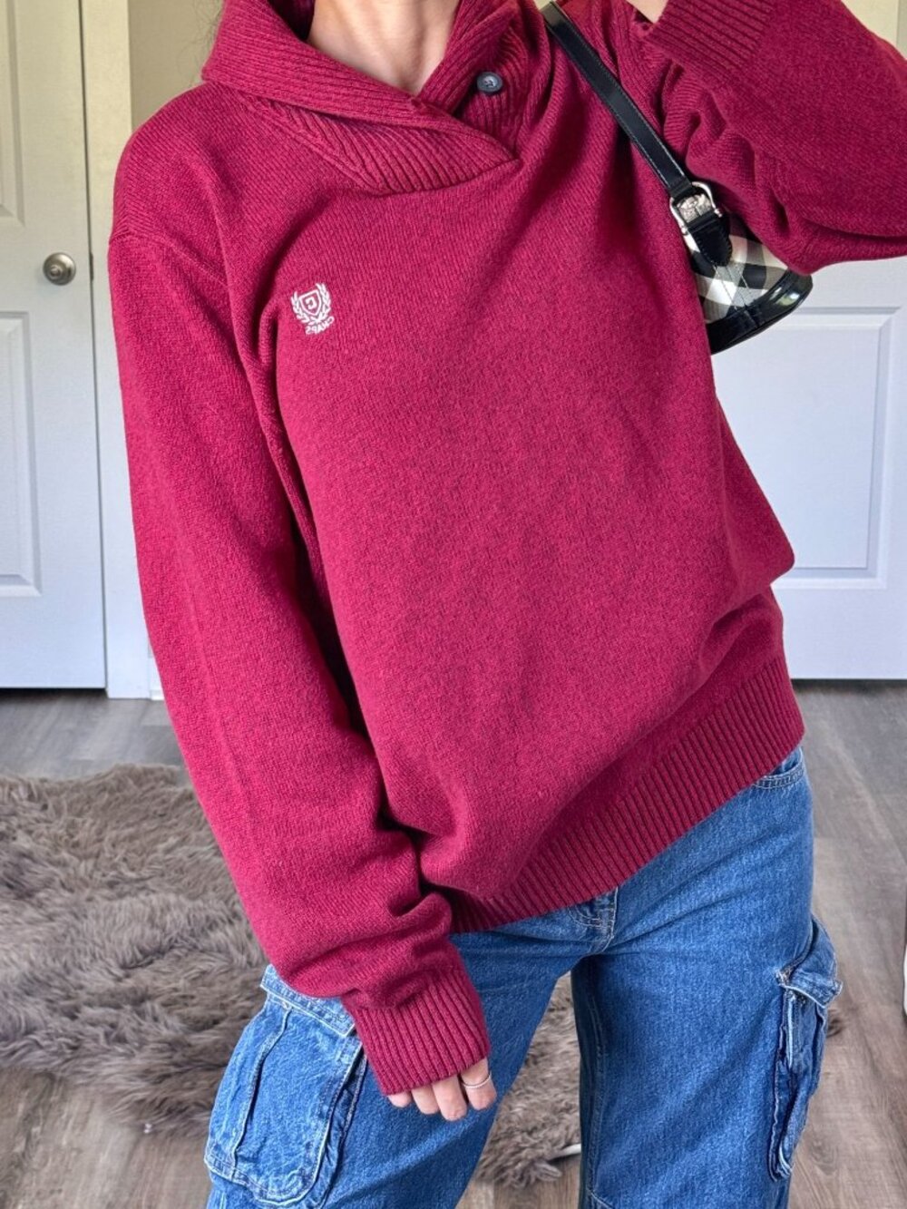 NWT Chaps Burgundy Knit Sweater Mens L Shawl Collar Preppy Pullover Normcore